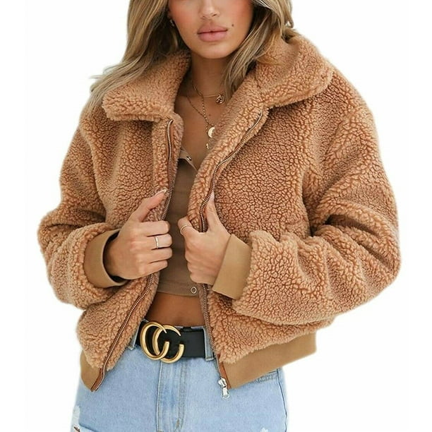 Women Cropped Borg Zip Up Top Teddy Bear Long Sleeve Coat Ladies Faux Fur Jacket
